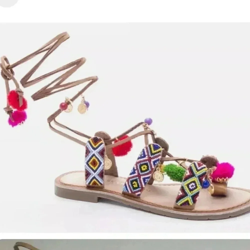 2/$30 Chinese Laundry Size 9.5 Sandals Beaded Pom Ankle Wrap Colorful Party